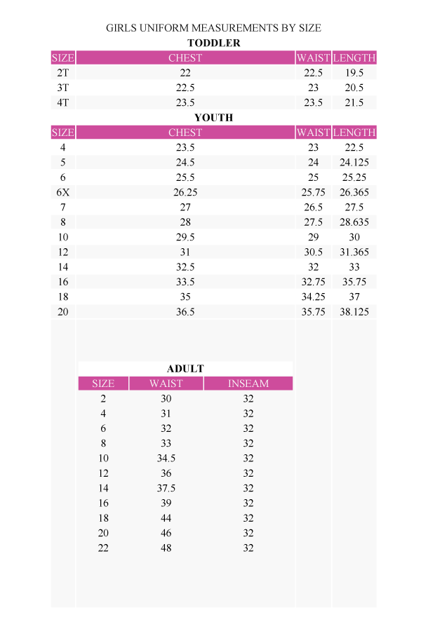 Sizing Charts Girls/Boys