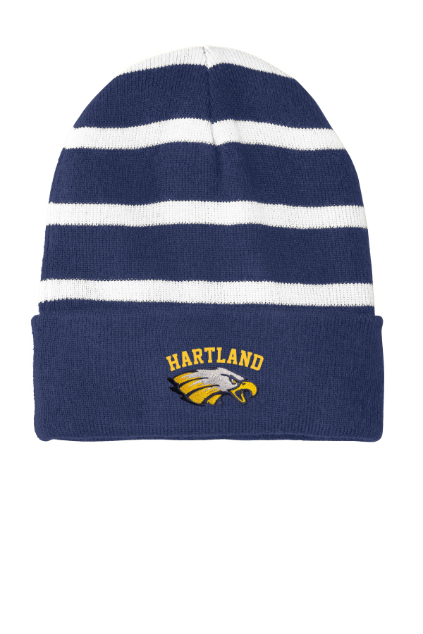 Striped Beanie with Solid Band-Embroidered Logo-STC31